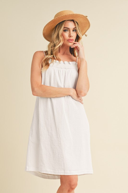 Embroidered Trim Gauze Square Neck Mini Cami Dress