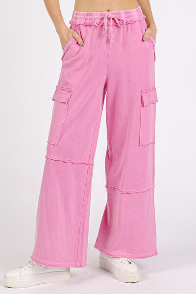 Mittoshop Mineral Wash Elastic Waist Cargo Wide Leg Pants