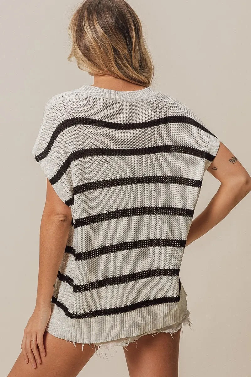 Vacay Mode Lettering Drop Shoulder Striped Sweater