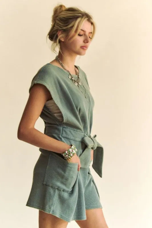 Acid-Washed Waffle Knit Cuffed Sleeves Romper