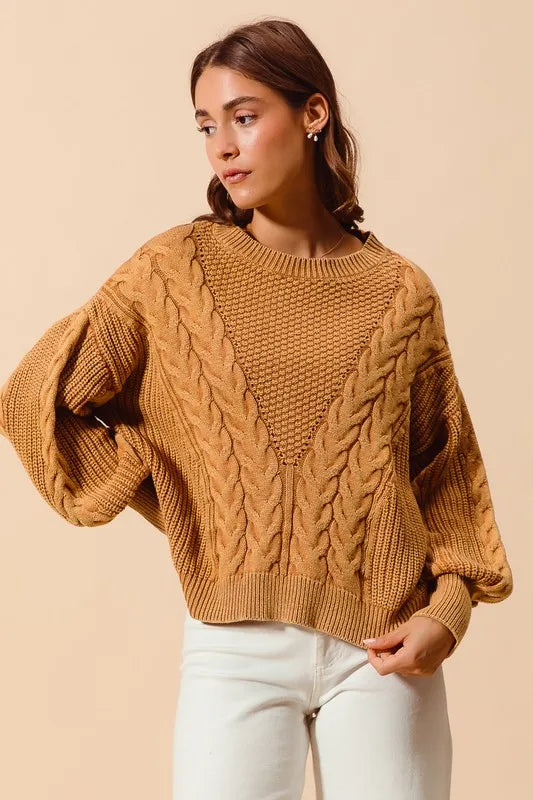 Mineral Washed Loose Fit Textured Cable Sweater