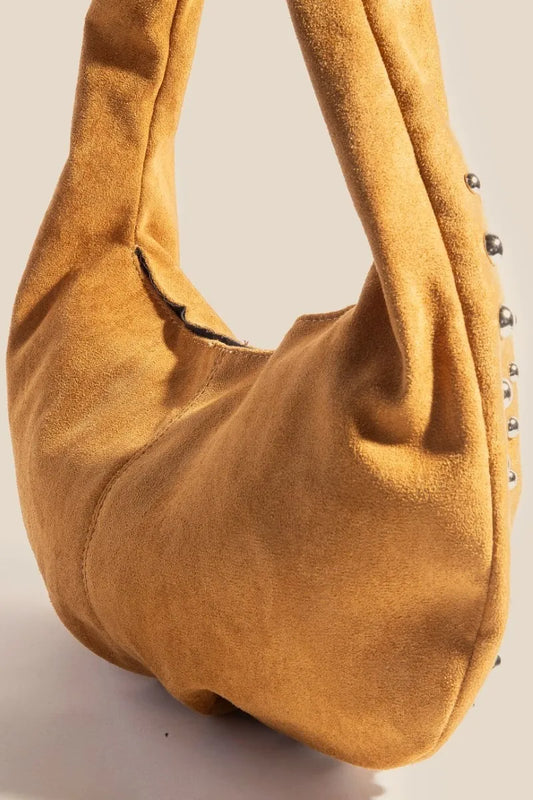 Caramel Faux Suede Handbag with Silver Studs
