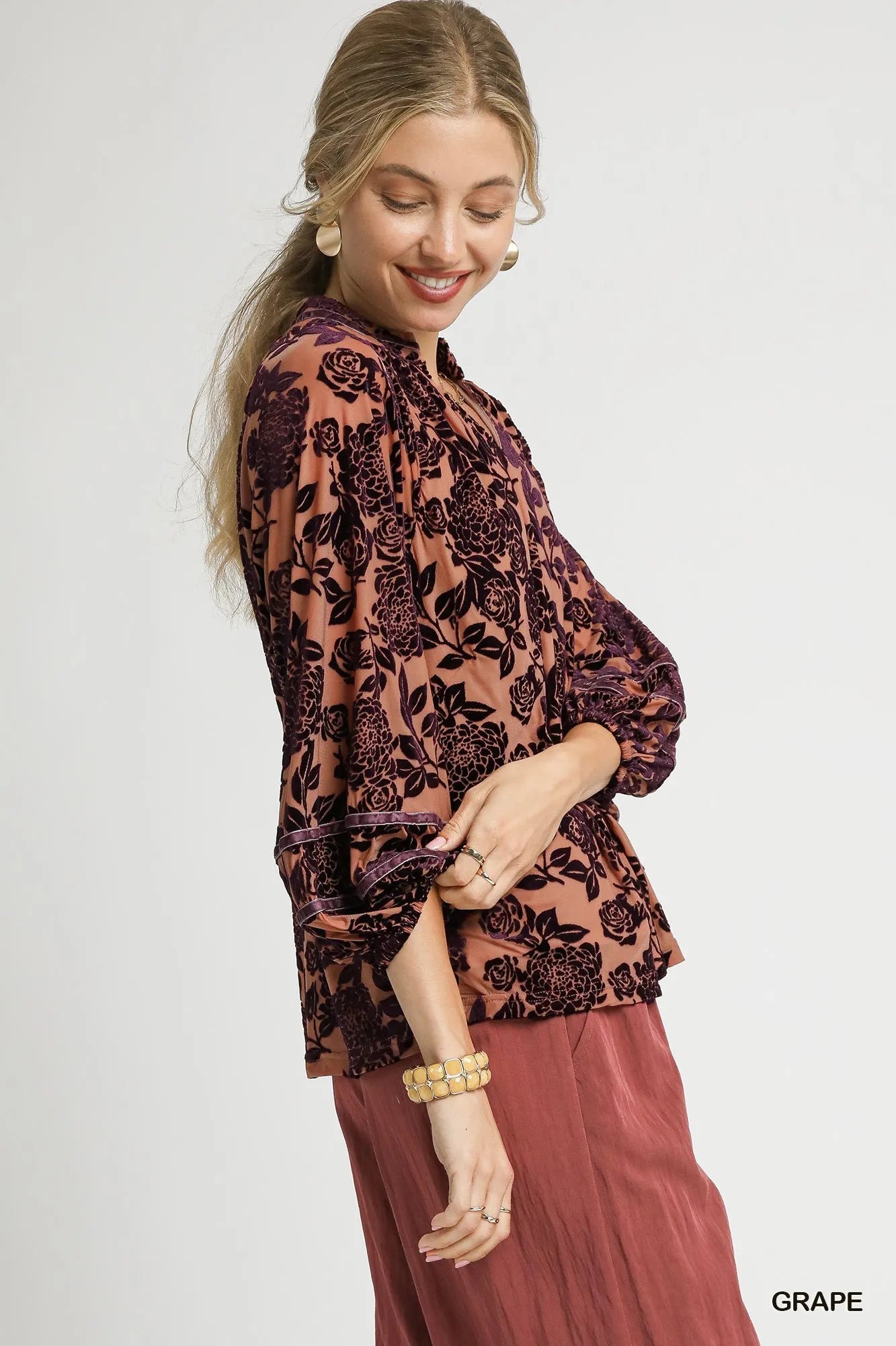 Velvet Floral Blouse with Balloon Sleeves