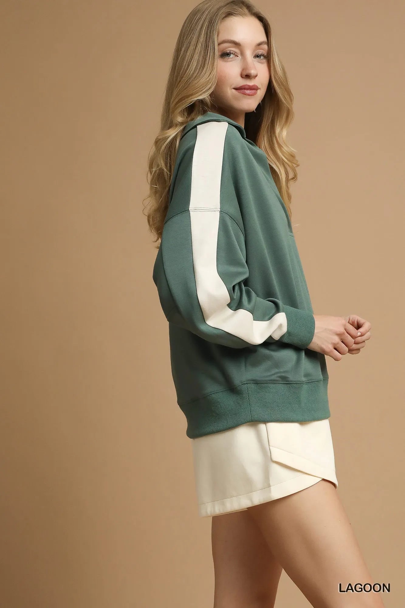 Color Block Long Sleeve Sweatshirt with Quarter-Zip Collar