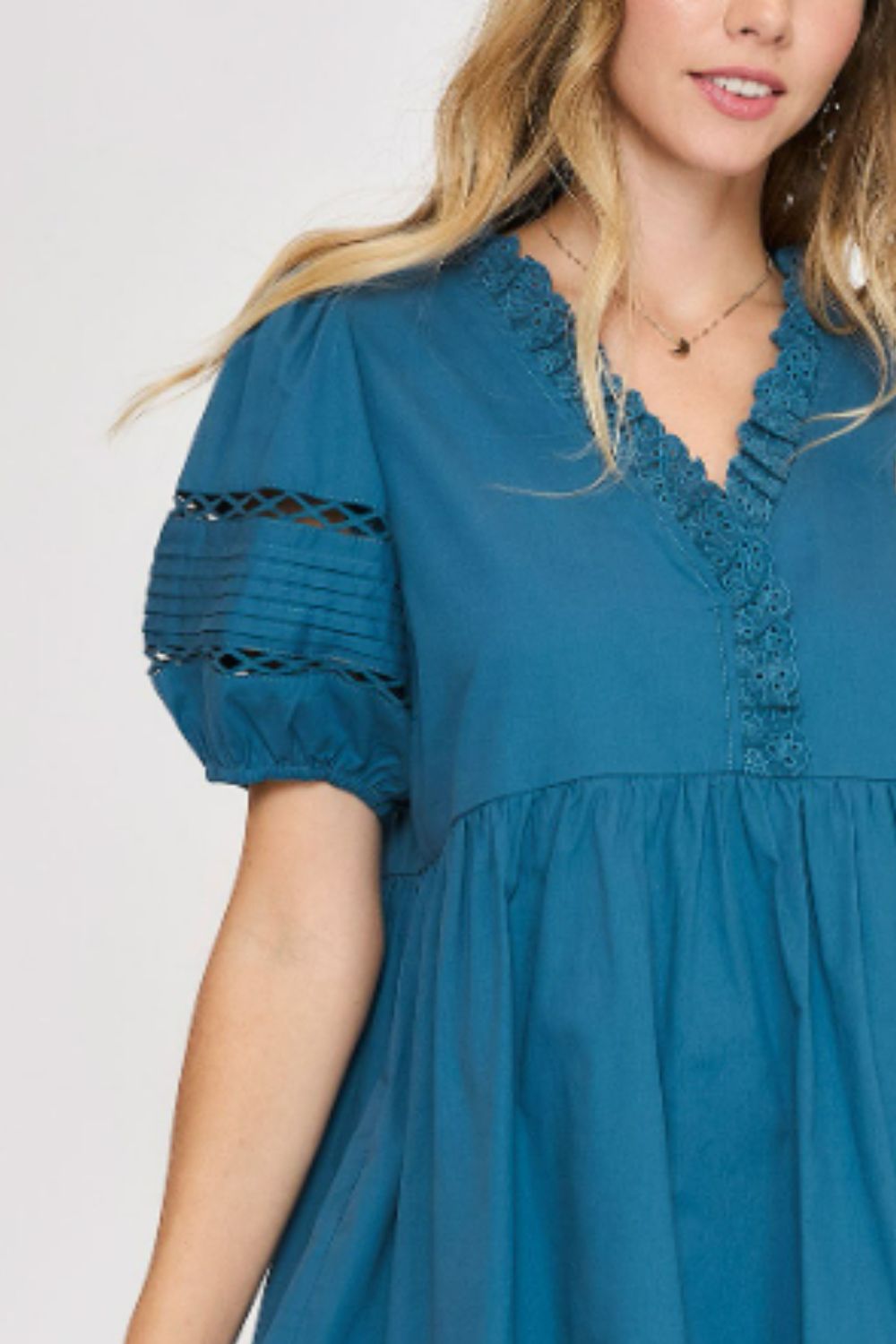 USA Full Size Lace Detail Puff Sleeve Mini Dress Plus Size