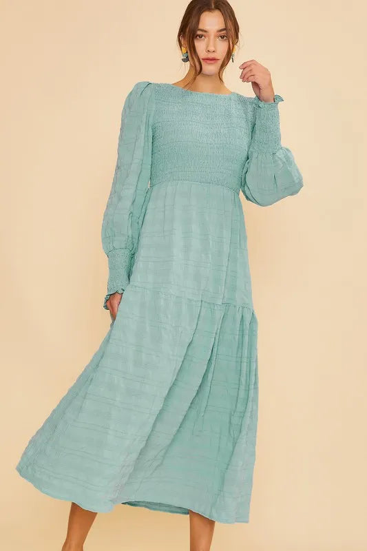Textured Smocking Bodice Tiered Midi Dress