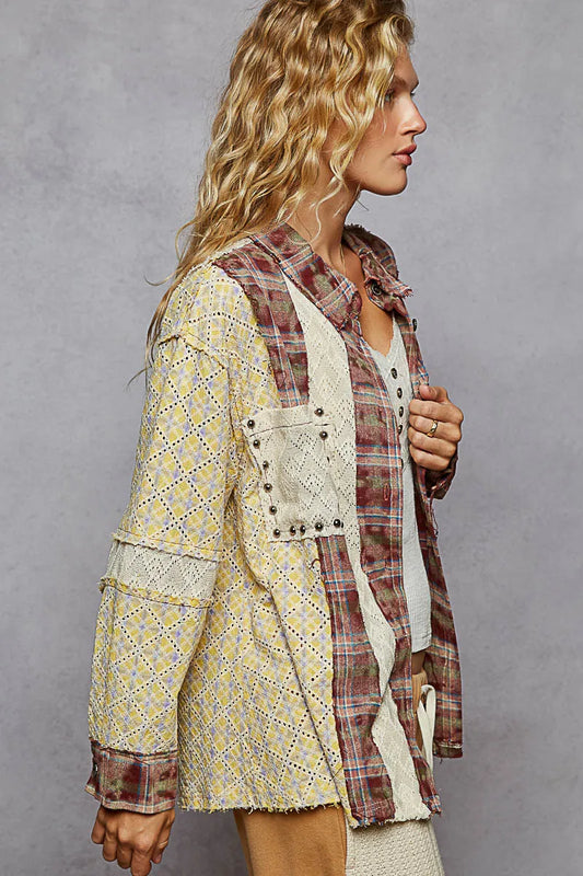 Patchwork Geometric Button-Up Long Sleeve Top
