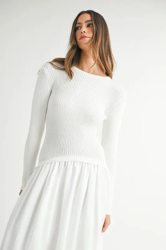 Ribbed Poplin Mix Midi Sweater Dress