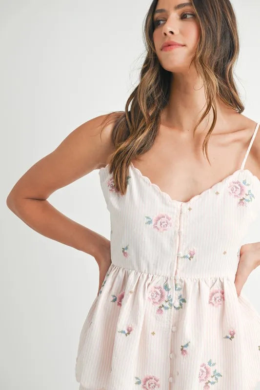 Stripe Embroidered Peplum Cami and Shorts Set