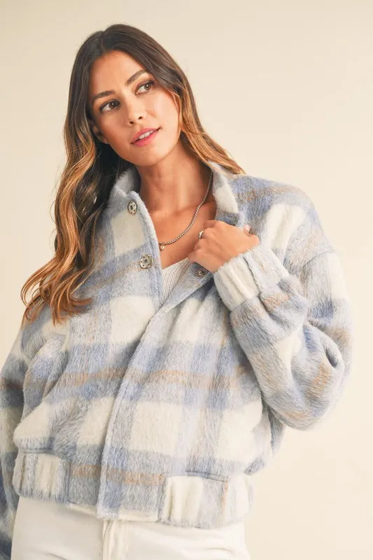 Plaid Print Fuzzy Bomber Jacket