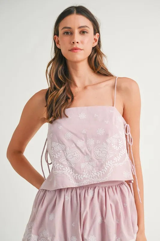 Embroidered Crop Cami and Balloon Mini Skirt Set