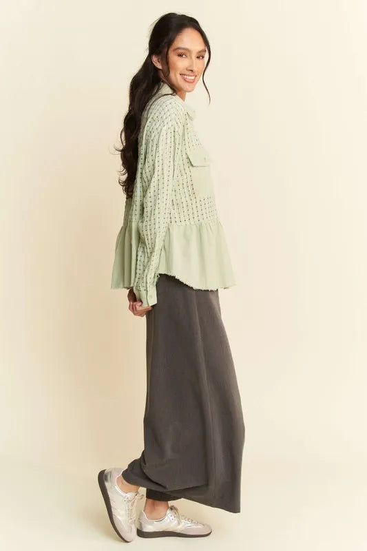 Garment Washed Jacquard Button Front Shirt