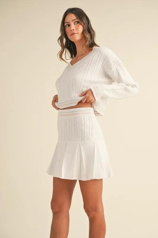 V-Neck Varsity Crop Knit Sweater and Skirt Set
