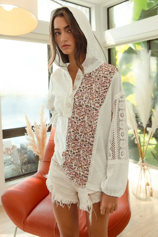 Lace-Accented Buttoned Hoodie Top