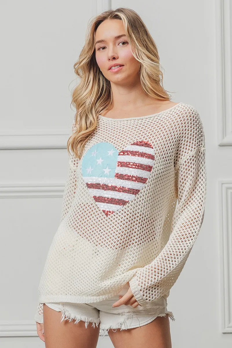 Sequin American Flag Heart Knit Up