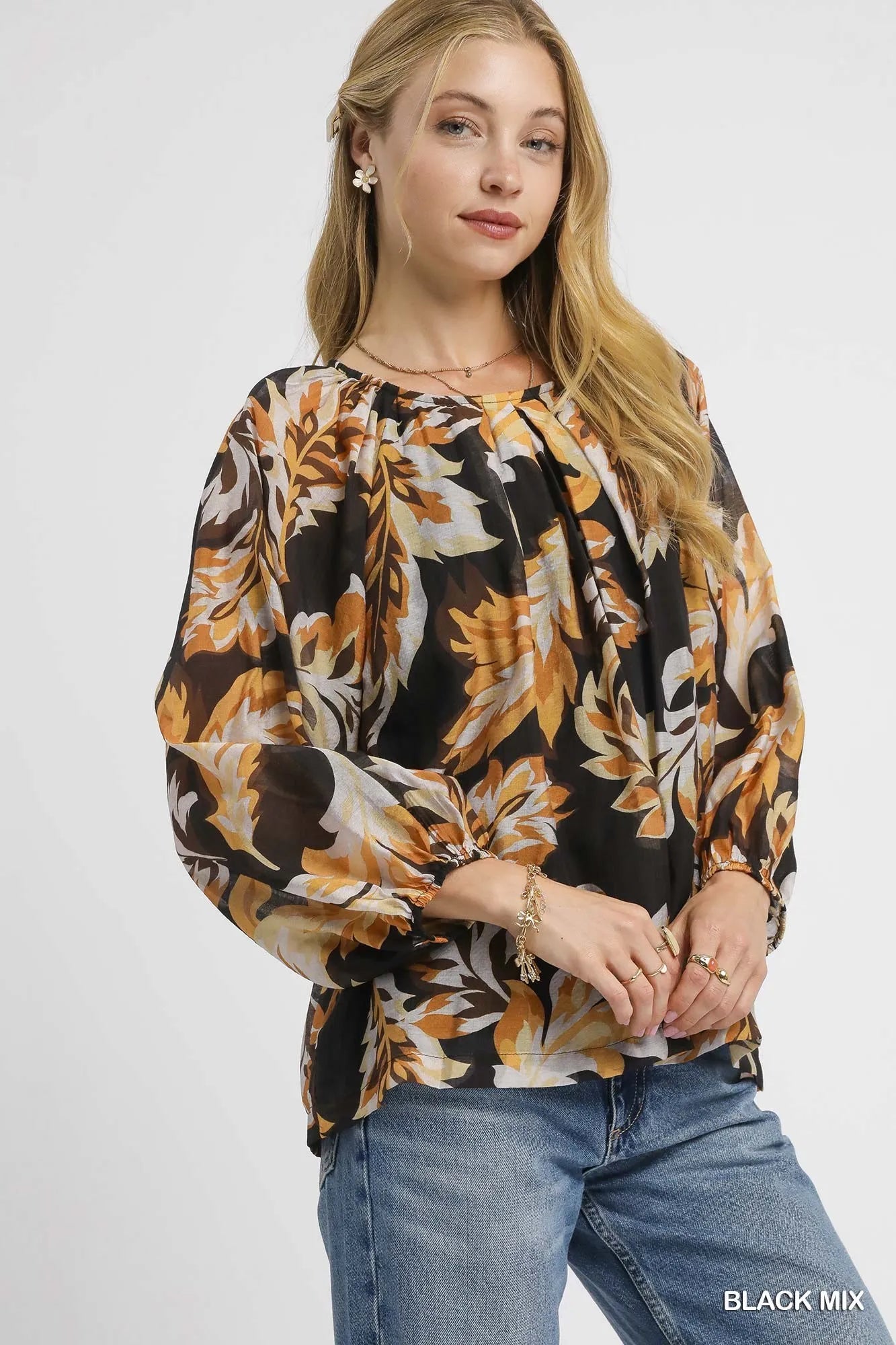 Nature-Inspired Balloon Sleeve Chiffon Blouse