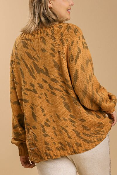 Full Size Animal Print Round Neck Distressed Detail Sweater Plus Size