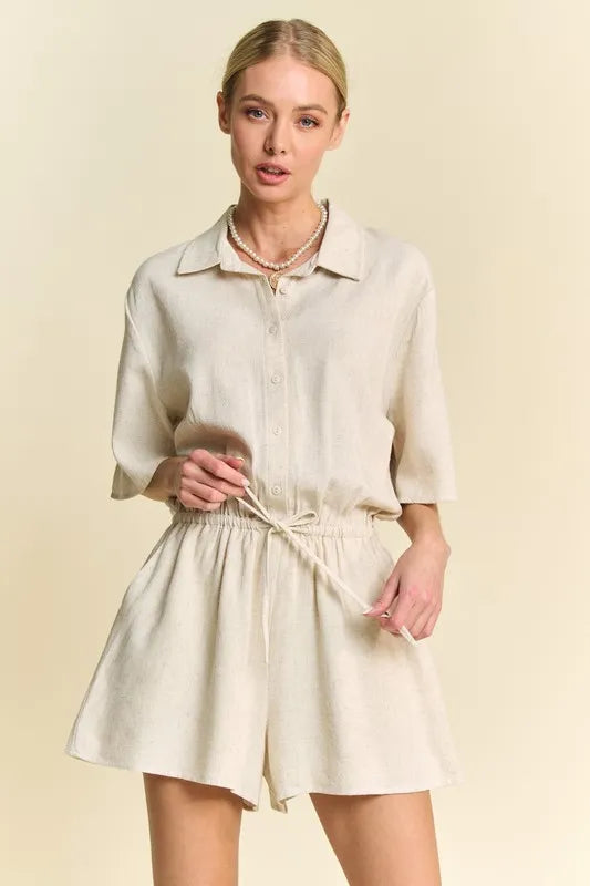 Drawstring Waist Button-Down Shirt Romper