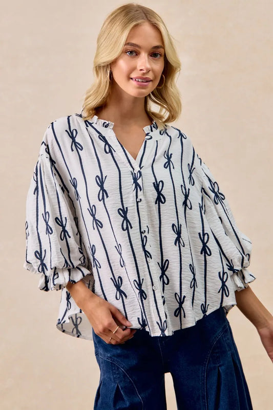 Charming Bow Print Striped Balloon Sleeve Blouse