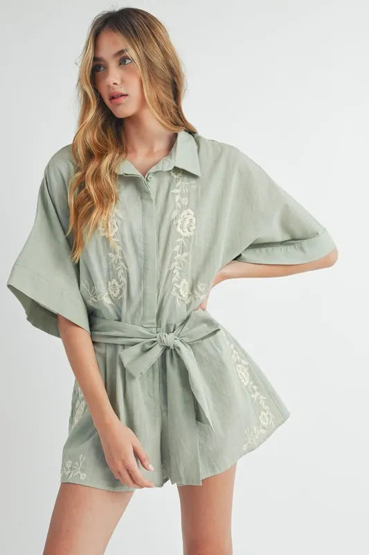 Embroidered Button Down Collared Neck Romper