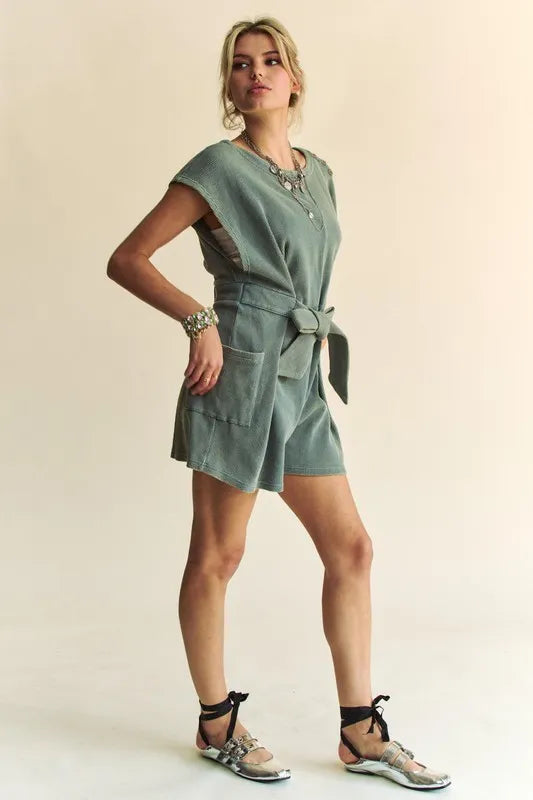 Acid-Washed Waffle Knit Cuffed Sleeves Romper