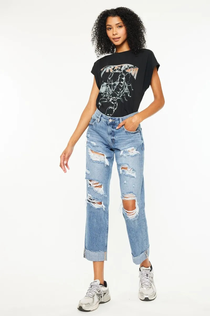 Urban Chic Mid Rise Relaxed Distressed Denim