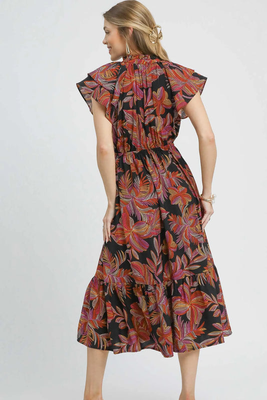 Tropical Flair V-Neck Midi Dress