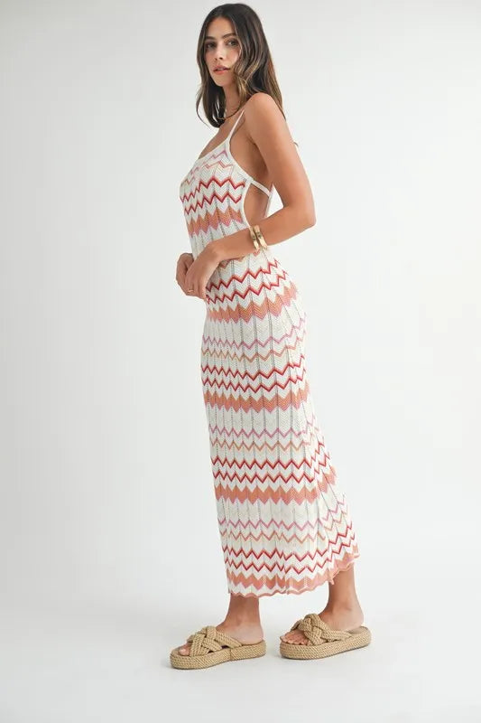 Lightweight Pointelle Chevron Knit Maxi Dress