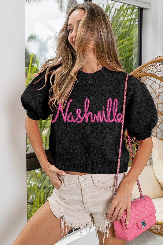Metallic Letter Short Puff Sleeve Hairy Sweater