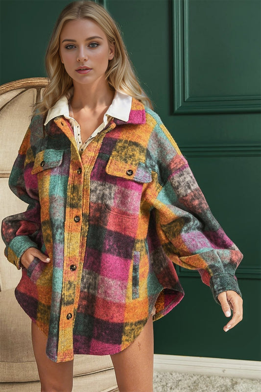 Full Size Button Up Plaid Shacket with Pockets