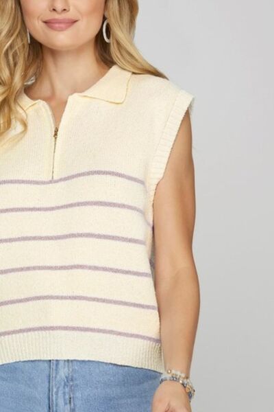 Ribbed Hem Striped Half Zip Sweater Vest