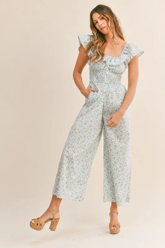 Floral Print Ruffled Cap Sleeve Jumpsuit