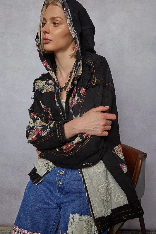 Floral Lace Patch Vintage Bomber Jacket