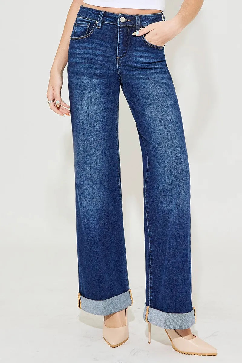 Full Figure High Waist Wide Leg Roll-Up Denim Jeans