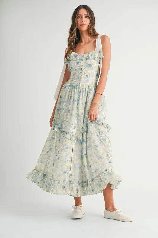 Floral Printed Shoulder Strap Midi Dress