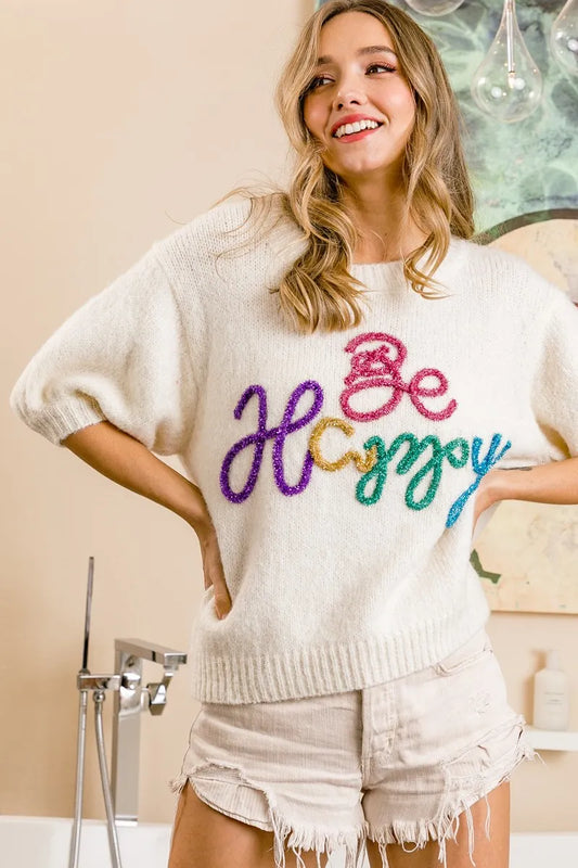 Metallic Letter Short Puff Sleeve Hairy Sweater