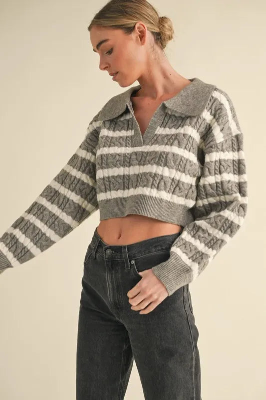 Pale Collared Striped Cropped Cable Knit Sweater