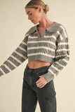 Pale Collared Striped Cropped Cable Knit Sweater