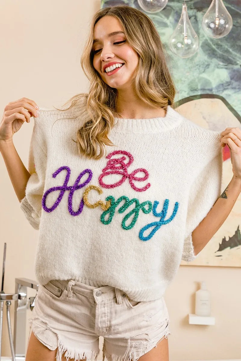 Metallic Letter Short Puff Sleeve Hairy Sweater
