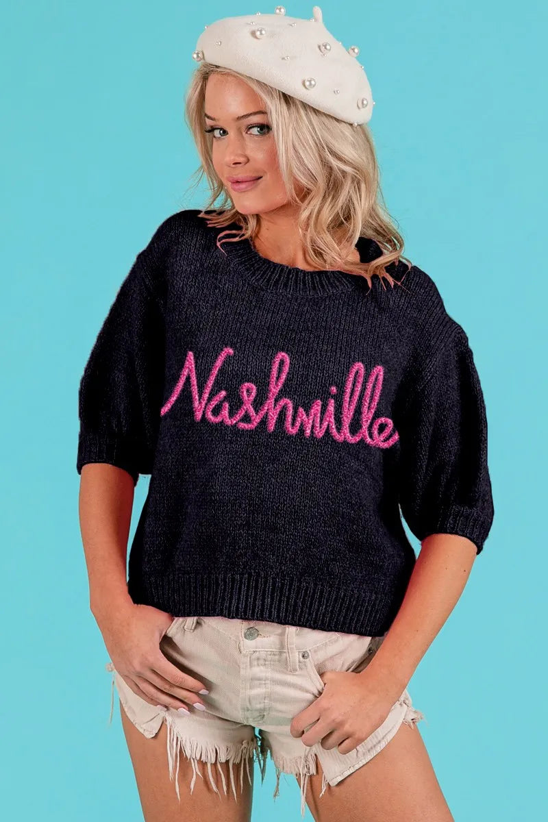 Metallic Letter Short Puff Sleeve Hairy Sweater