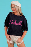 Metallic Letter Short Puff Sleeve Hairy Sweater