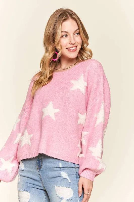 Full Size Star Contrast Round Neck Sweater Plus Size