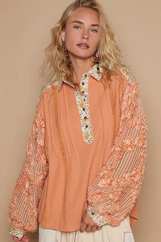 Bohemian Floral Knit Lace Detail Long Sleeve Blouse