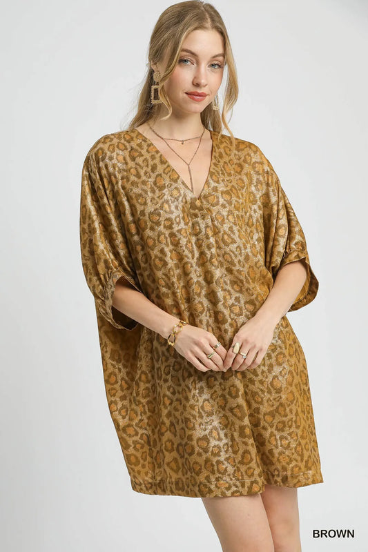 Shimmering Leopard V-Neck Glam Kimono Dress