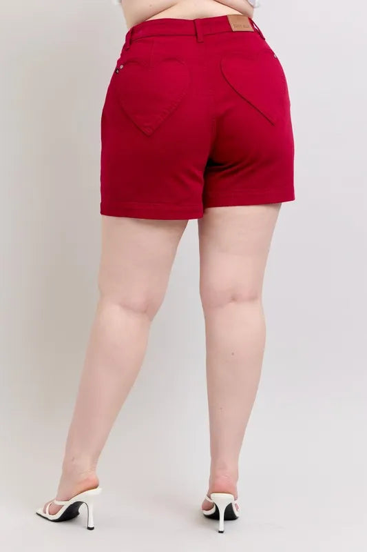 Plus Size High Waist Tummy Control Garment Dyed Heart Shaped Denim Shorts