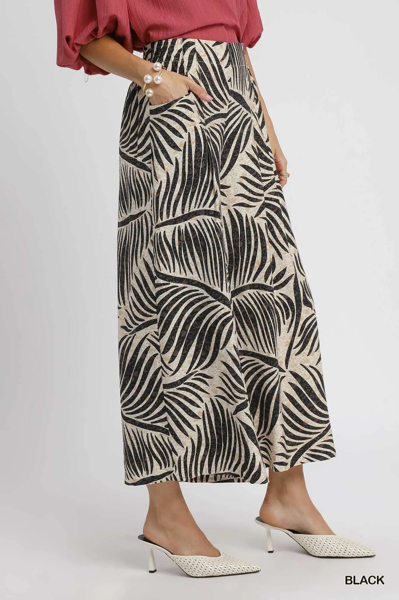 Tropical Palm Print Wide-Leg Culotte Pants