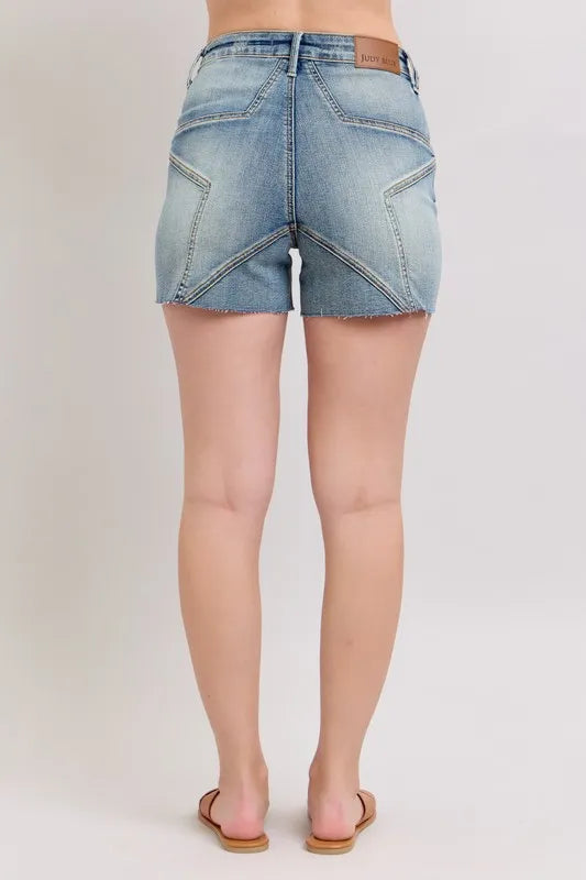 High Waist Star Seam Detail Denim Shorts