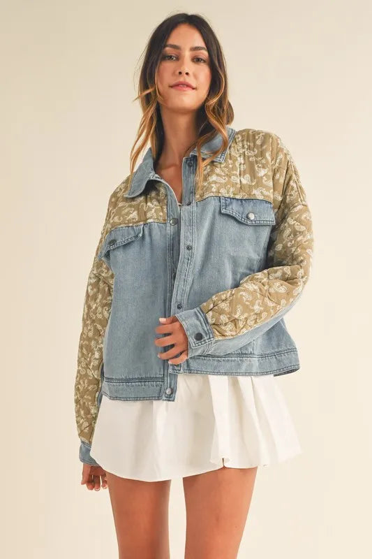 Quilted Paisley Print Contrast Denim Jacket