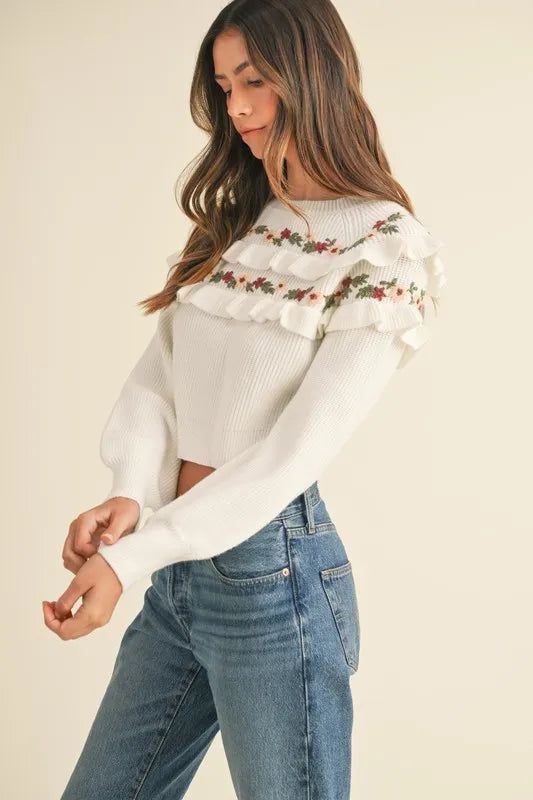 Floral Embroidered Ruffle Detail Sweater