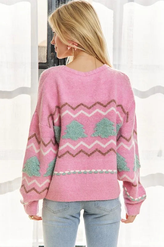 Full Size Fluffy Tree Sweater Top